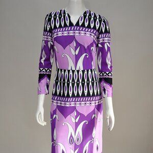 Vintage 1970s Purple Psychedelic Print Boho Midi Dress XS/S